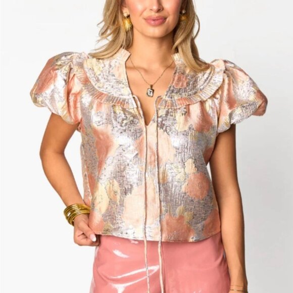 Buddy Love Tops - Metallic Floral Puff Sleeve Top | Bachelorette Party Statement Top XS